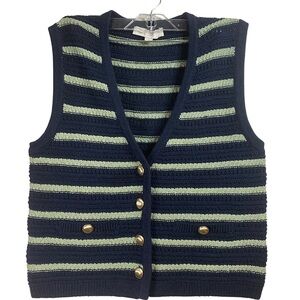 LOFT Navy and Green Striped V-Neck Sweater Vest